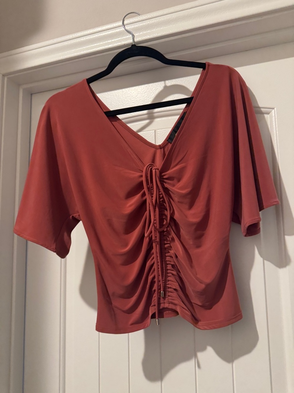 White House Black Market Rust Drawstring V-Neck Ruched Crop Top